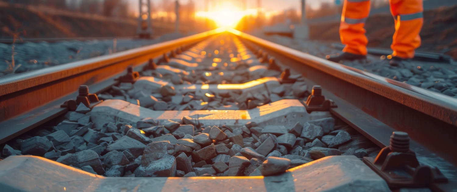 A man in an orange safety suit stands on a train track